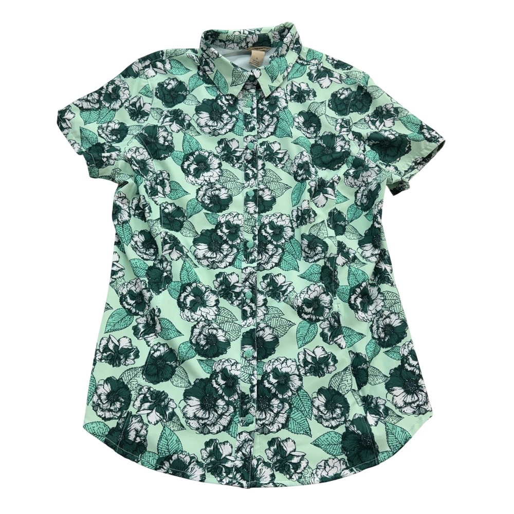 Eddie Bauer Womens Shirt L Short Sleeve Floral Green Nylon Stretch Hiking‎ Vent